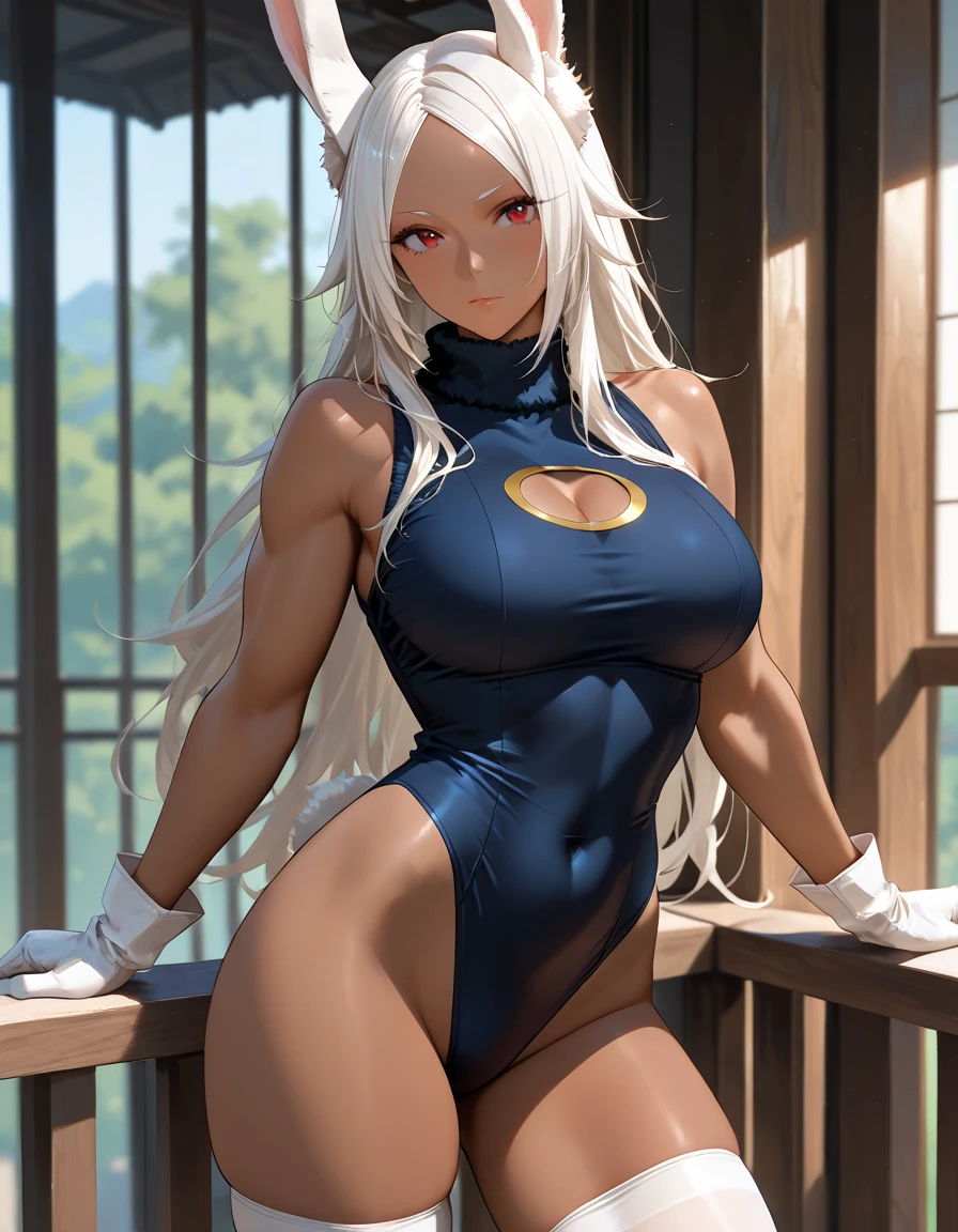 High quality, best rendering), (Beautiful Woman, Mirko, My Hero Academia), muscular body, thick muscular legs, big buttocks, pitch black tanned skin, big breasts, silver hair, long straight hair, Sanpaku eyes, red eyes, thin eyebrows, no lashes, rabbit ears with long ears, elaborate hair, psychopath, crazy face, glaring at viewers, grinning mouth, Sleeveless white leotard up to the neck, blue edges, blue knee-high socks, high-tech sneakers, squatting with heels on the ground, M-shaped legs, legs spread wide, hands on the ground, center, scales to fit dimensions, camel toes, shot from below
