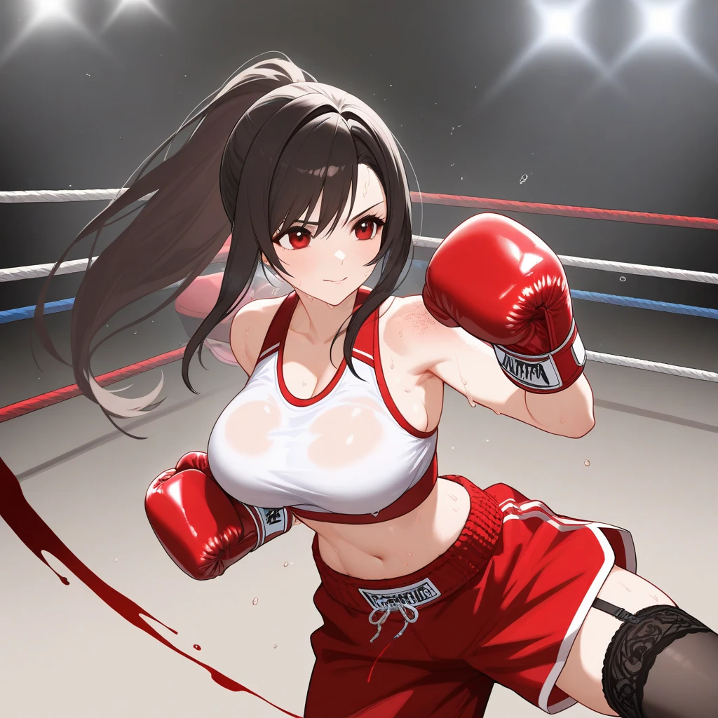 Mature boxer with long black hair. She is shy and cannot make eye contact. Her cheeks are blushing. She wears black underwear. ((She wears red boxing gloves)). Waistline image. ((She is sweating all over her body)). Delivering a punch. The background is a dark bedroom. Rough breathing. Steam. drool