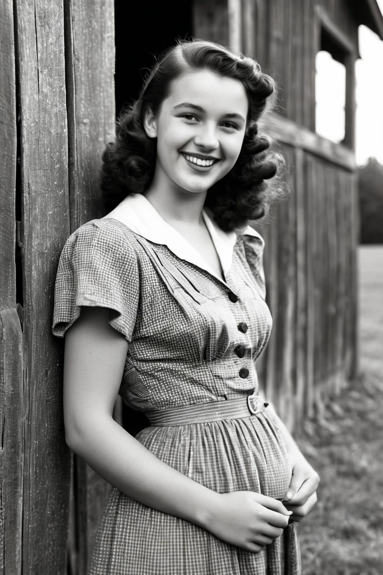{{1950s}} photo, monochrome photograph, (middle school girl wearing pinafore dress, masterpiece, RAW photo), smiling, (sfw), {blush on cheeks}, (blue eyes), {{vintage style hair, American girl}}