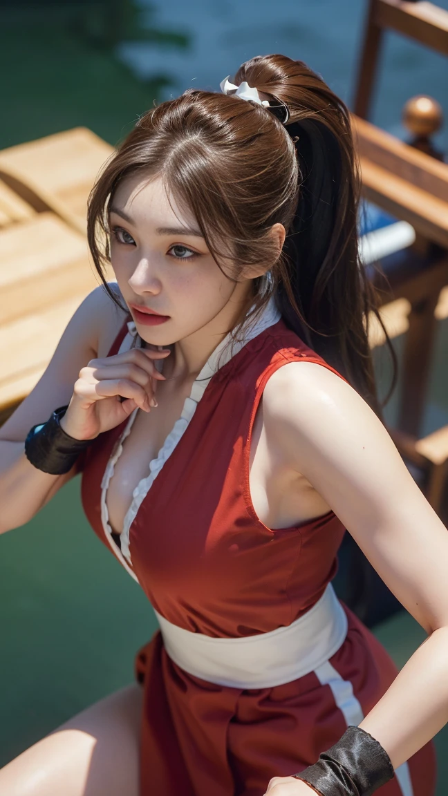 shiranui mai, Brown eyes, Long hair, Brown hair, (Red clothes:1.3),White ribbon, Sleeveless, pony tails, sash, Pelvic curtain, arm guards, mitts, tabi,A plump chest, Seductive expression, Sexy eyes, Huge breasts, Smile, Cute, view the viewer, Long hair, (breasts focus:1.2), (Realistic:1.2), (Full shot: 1.2), (Realism), (Masterpiece:1.2), (Best quality), (Ultra detailed), (8K, 4K, Intricate), (85mm), Light particles, lighting, (Highly detailed:1.2), (Detailed face:1.2), (gradients), sfv, Colorful, (Detailed eyes:1.2), (das boot: 1.2),(Detailed background), (Dynamic Angle:1.2), (Dynamic pose:1.2), (Line of action:1.2), Wide shot, .huge tit,Bigchest,crowd of,lots of people,crowed,aboard