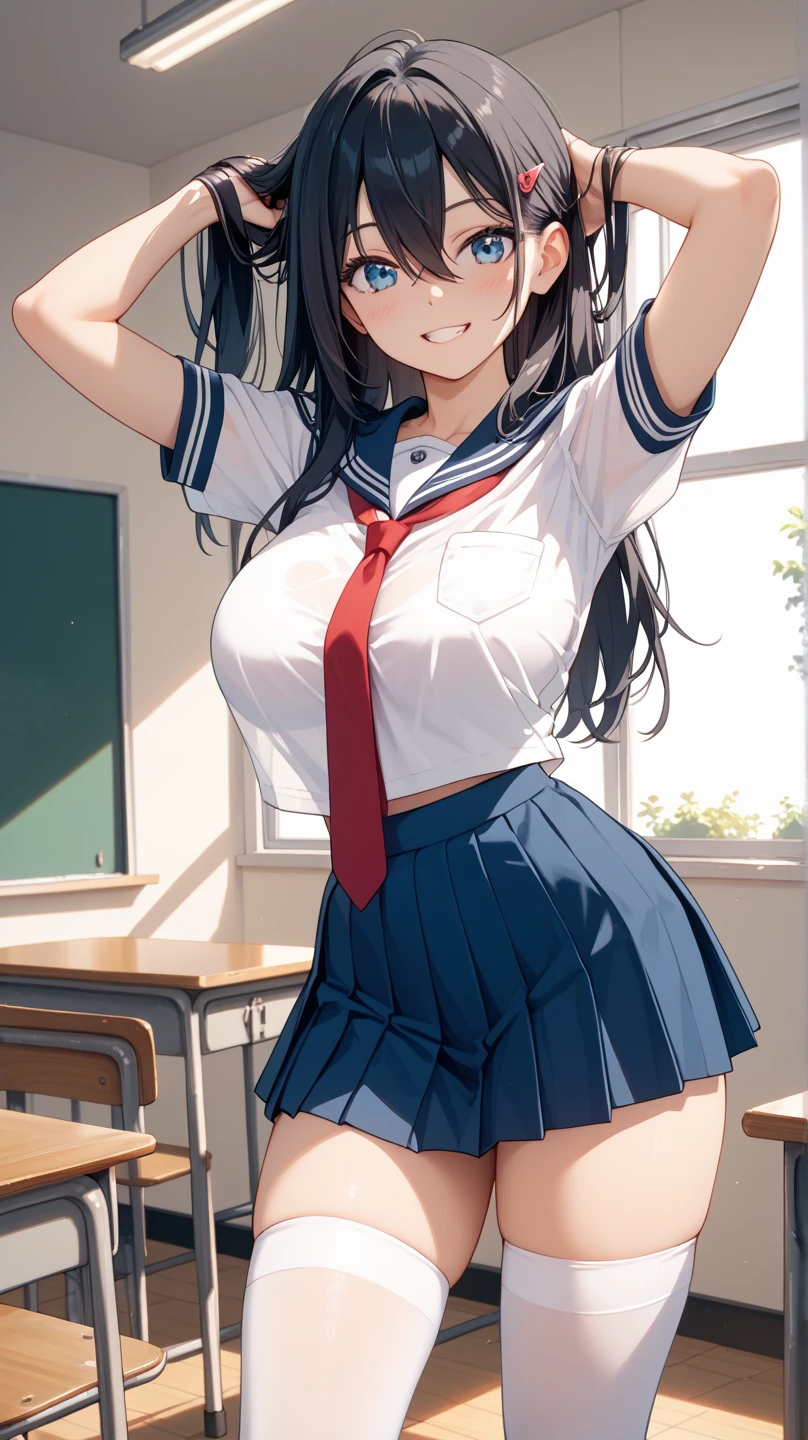 (((masterpiece, highest quality:1.3,absurdres))),cowboy shot,18 year old beauty, High school girl swordsman、solo,((very small head:1.3)),ponytail hair style,long hair,blunt bangs,black hair,glay eyes,blush,medium breasts,((very long body,slender body)),skinny,gleaming skin,oily skin,sweat,(School uniform、Navy blue sailor suit、Short sleeve、Navy blue pleated mini skirt),classroom、Japanese School、