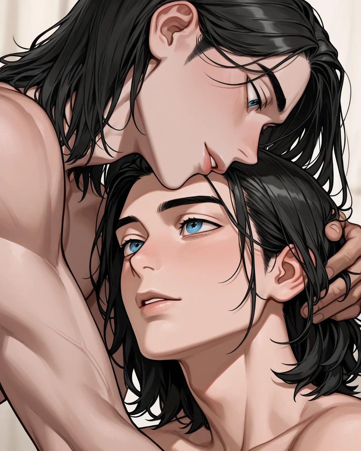 humans, A 25 year old boy, Skinny body, very long hair, black hair, lower lip piercing, clear skin, black eyes, ing a huge hairy peni