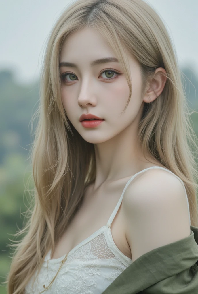 Girl wearing, luxury green coat, shoulder length hair, wavy hair, glowing skin, star in eye, red lips, grey background, cute poses, upper body, light blonde hair.