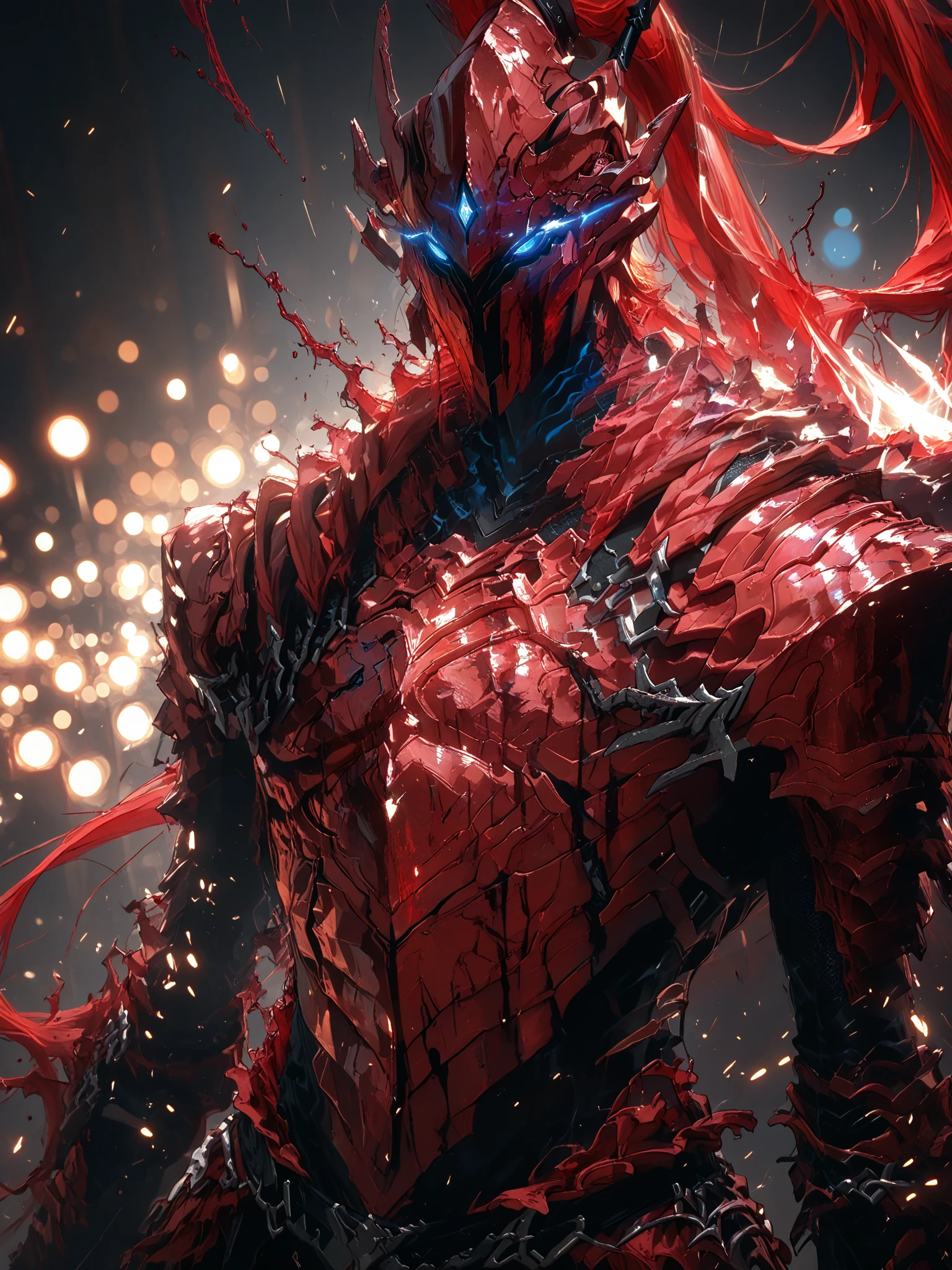 (masterpiece, best quality), amazing quality, very aesthetic, absurdres, highres, newest, HDR, 8K UHD, DSLR quality, detailed facial features, cinematic composition, cinematic lighting, tyndall effect, photorealistic, edge lighting, two-tone lighting, soft lighting, volumetric lighting, dementia, bokeh, 1boy, blood_igris, glowing, blue eyes, helmet hair, helmet, red armor, holding a purple glowing greatsword, looking up, from above