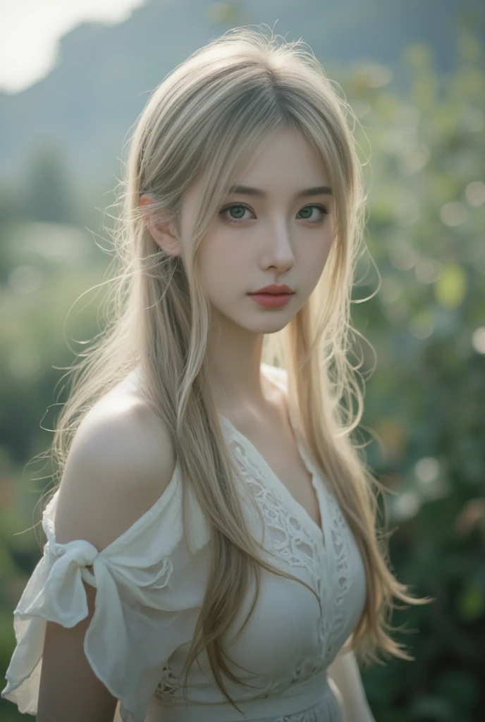 (((Beige World:1.3)))、Best Quality, masutepiece, High resolution, (((1girl in))), sixteen years old,(((Eyes are gray:1.3)))、Beige dress、((Beige shirt:1.3、Beige Color Block Dress)), Tindall Effect, Realistic, Shadow Studio,Ultramarine Lighting, dual-tone lighting, (High Detail Skins: 1.2)、Pale colored lighting、Dark lighting、 Digital SLR, Photo, High resolution, 4K, 8K, Background blur,Fade out beautifully、florals、Flowers in the background、Beige World