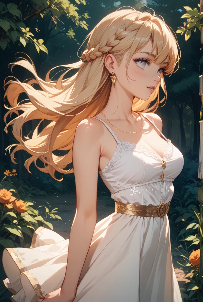 Portrait of the most stunningly gorgeous beautiful angelic goodness you can create, curved eyebrows, long luscious eyelashes, dark eyeliner, perfect makeup, larg breast, big ass, long legs, white sundress, looking back, daytime, sun rays illuminating the dress, perfect scenery