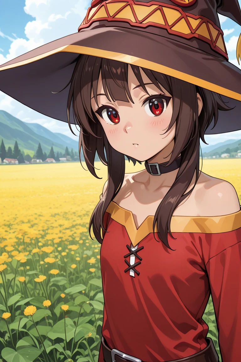 1girl,red eyes,short hair,brown hair,choker,collarbone,short hair with long locks,sidelocks,good hand,small breasts,smile,smug,witch hat,black thighhighs,red dress,black gloves,single thighhigh,belt,orange boots,asymmetrical legwear,bandaged leg,long sleeves,fingerless gloves,cowboy shot,low view,(masterpiece:1,2), best quality, masterpiece, highres, original, extremely detailed wallpaper, perfect lighting,(extremely detailed CG:1.2), grass field, sunset, beautiful cloudy sky, (off shoulder), ((leaning forward))