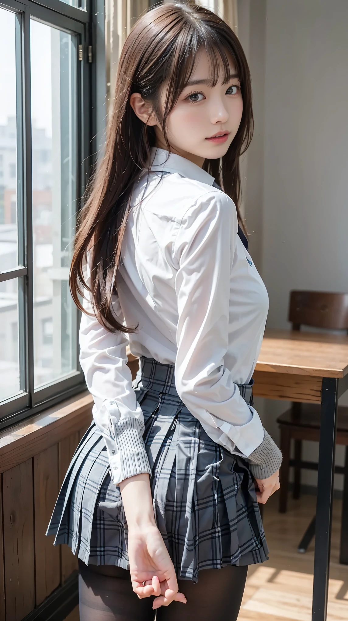 ((masterpiece、Highest quality、High resolution、Hmph、Pixel perfect、8K、Hmph、Hmph)))、1 Girl、single、alone、Beautiful woman、I could see the whole body、((Semi-long hair、bangs、Brown Hair))、((Brown eyes、Beautiful eyelashes、Realistic eyes))、((Detailed face、blush:1.2))、((Smooth texture:0.75、Realistic texture:0.65、Realistic:1.1、Anime CG Style))、Big and ample breasts、Dynamic Angle、Perfect body、((Made in the UK、White ruffled maid headband、Frilled blouse、Ribbon tie、apron、Navy blue knee-high socks、High heels))、Luxury hotel stairs、Angle looking up from the bottom of the stairs、Very embarrassed、Panic Smile、looked back、Leaning forward、((The wind blew up her skirt, exposing her buttocks.....................、Recall、Touch your buttocks with both hands、Silk lace panties、Shiny thighs))