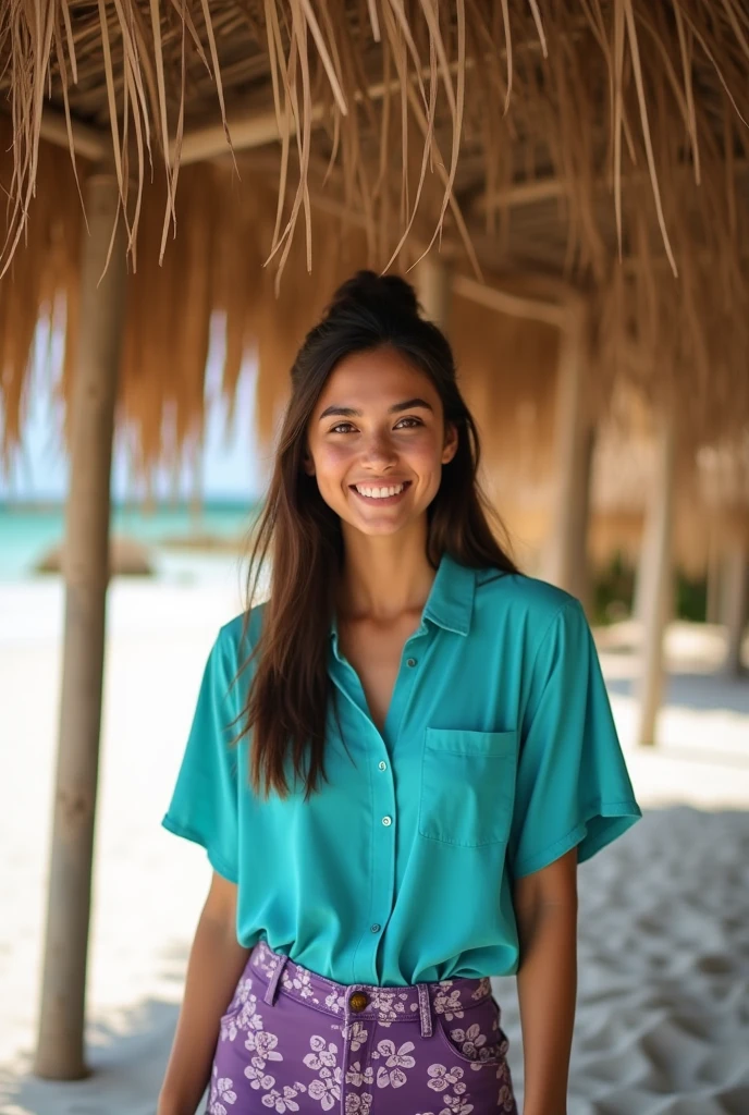 Créer une jolie femme brune, souriant, elle est Pocahontas, elle porte une robe en peau d'ours, assis sur un rocher, croiser la jambe, colliers en pierres colorées, une belle femme, avec un corps fort et attrayant, cheveux longs, debout sur un rocher à côté d'une cascade, elle est dans la rue, elle est sur la plage, elle est au volant d'une voiture. On la voit en entier. Elle est dans la mer