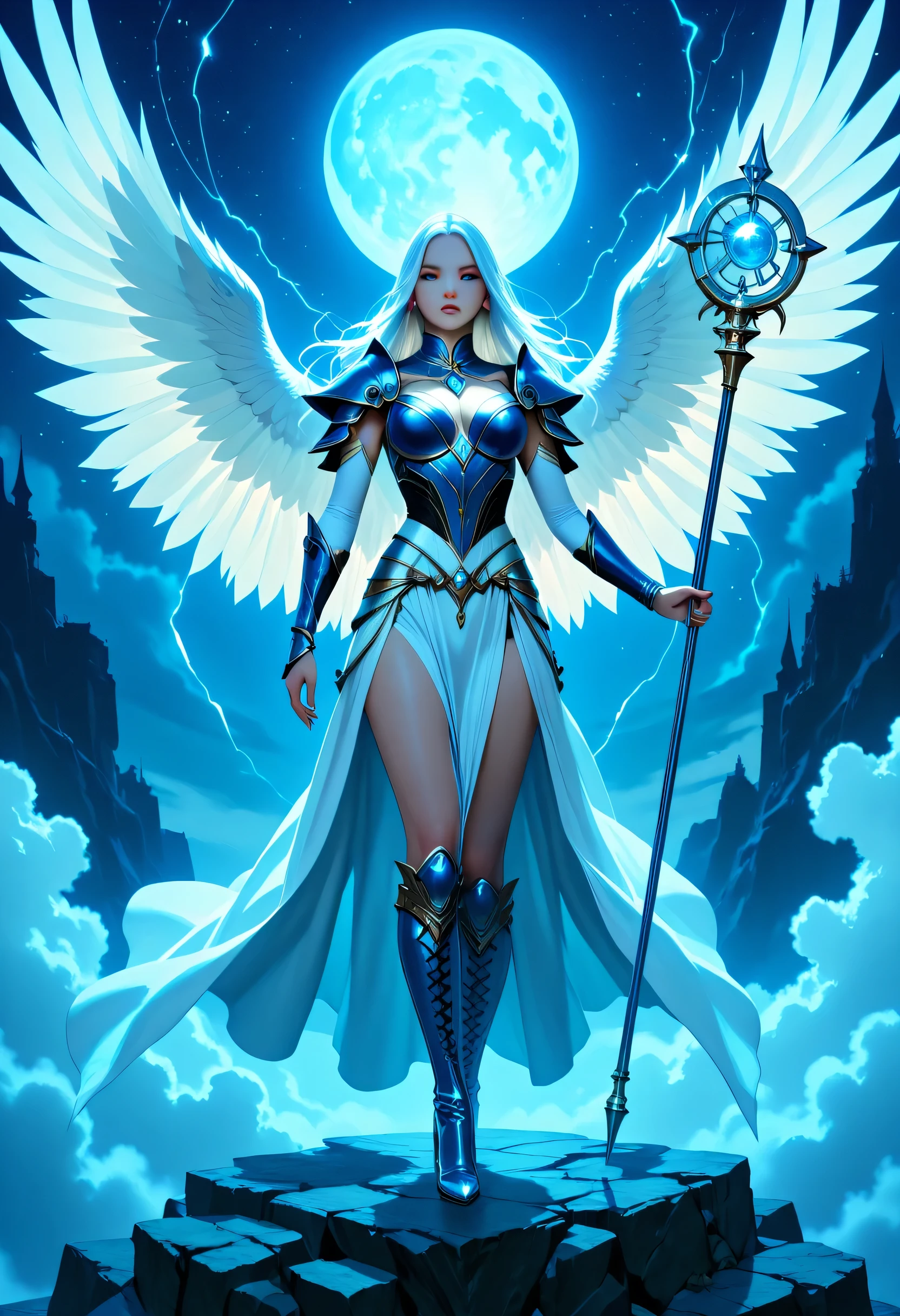 female, sorceress, casting divine spell, full body, aasimar, female, white large feathered wings, gold and silver hair, blue eyes, determined face, divine light, intense eyes, ultra feminine, ultra detailed face, (Masterpieceת intense details:1.5), wearing blue armor, high heeled boots, armed with staff, moon, stars, clouds, fantasy magical heaven background, cinematic lighting, soft light, silhouette, photorealism, 16k, highres, best quality, 2.5D rendering, fantasy, lace up stilettos, LOAsuccXL, intricate details