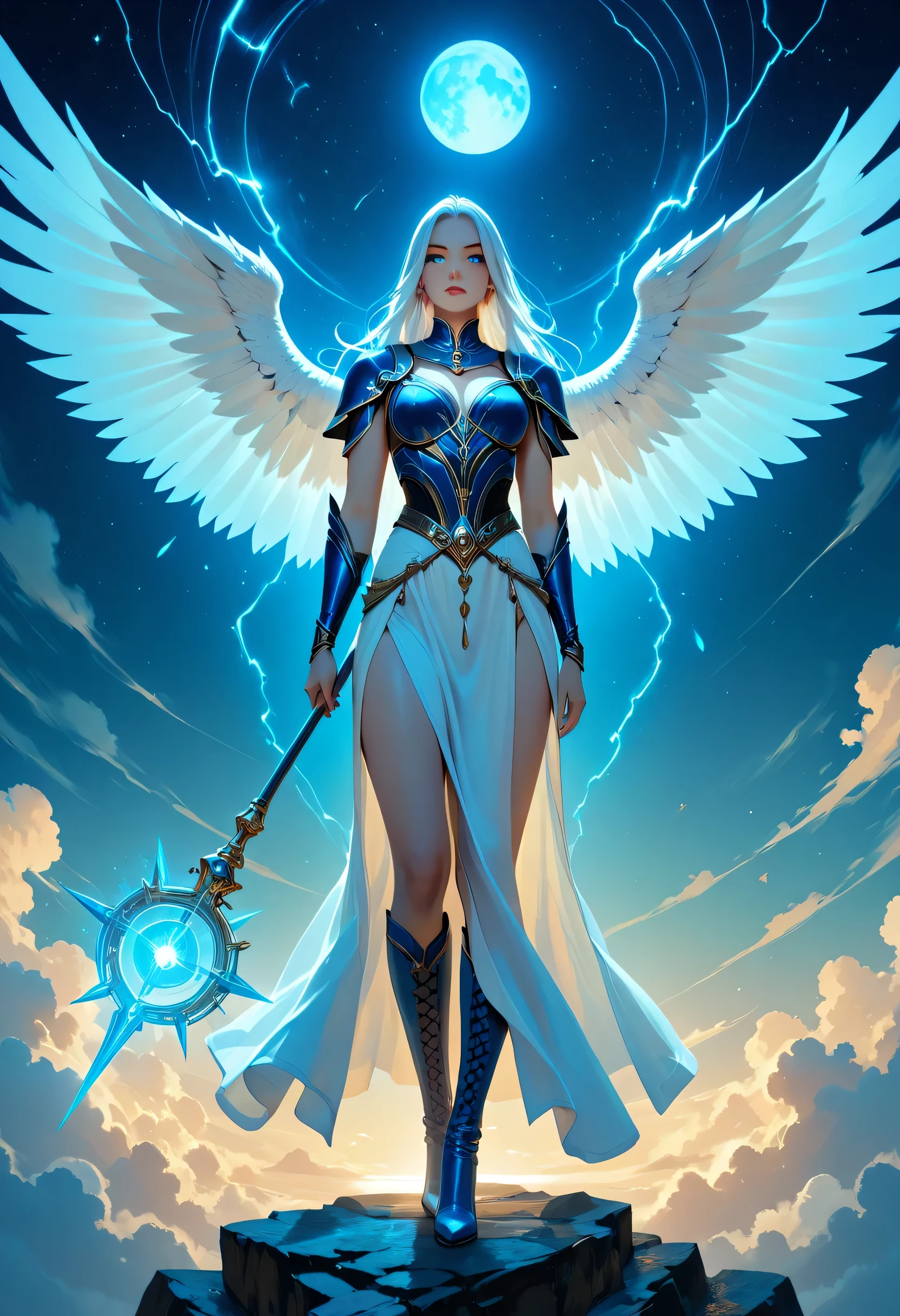 female, sorceress, casting divine spell, full body, aasimar, female, white large feathered wings, gold and silver hair, blue eyes, determined face, divine light, intense eyes, ultra feminine, ultra detailed face, (Masterpieceת intense details:1.5), wearing blue armor, high heeled boots, armed with staff, moon, stars, clouds, fantasy magical heaven background, cinematic lighting, soft light, silhouette, photorealism, 16k, highres, best quality, 2.5D rendering, fantasy, lace up stilettos, LOAsuccXL, intricate details