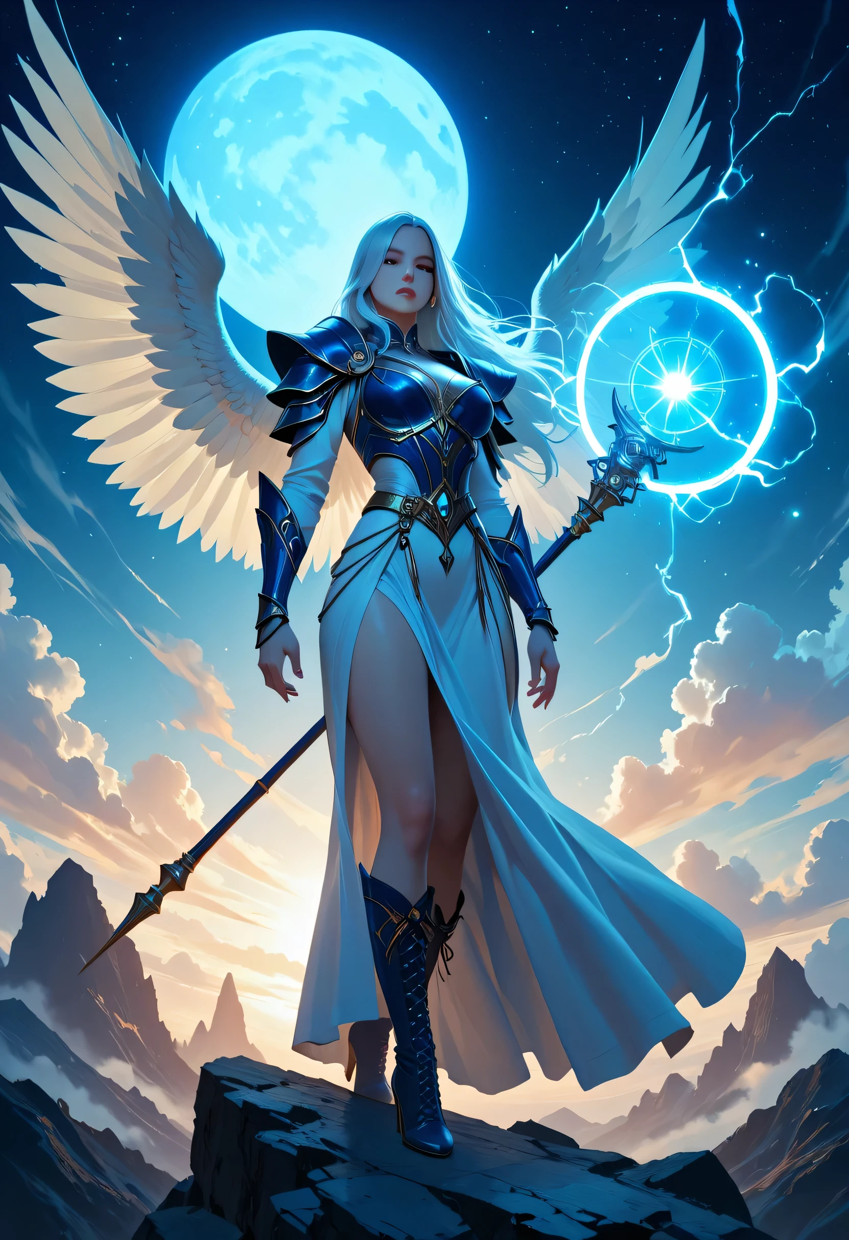 female, sorceress, casting divine spell, full body, aasimar, female, white large feathered wings, gold and silver hair, blue eyes, determined face, divine light,  intense eyes, ultra feminine, ultra detailed face, (Masterpieceת intense details:1.5), wearing blue armor, high heeled boots, armed with staff,  moon, stars, clouds, fantasy magical heaven background, cinematic lighting, soft light, silhouette, photorealism, 16k, highres, best quality, 2.5D rendering, fantasy, lace up stilettos, LOAsuccXL, intricate details