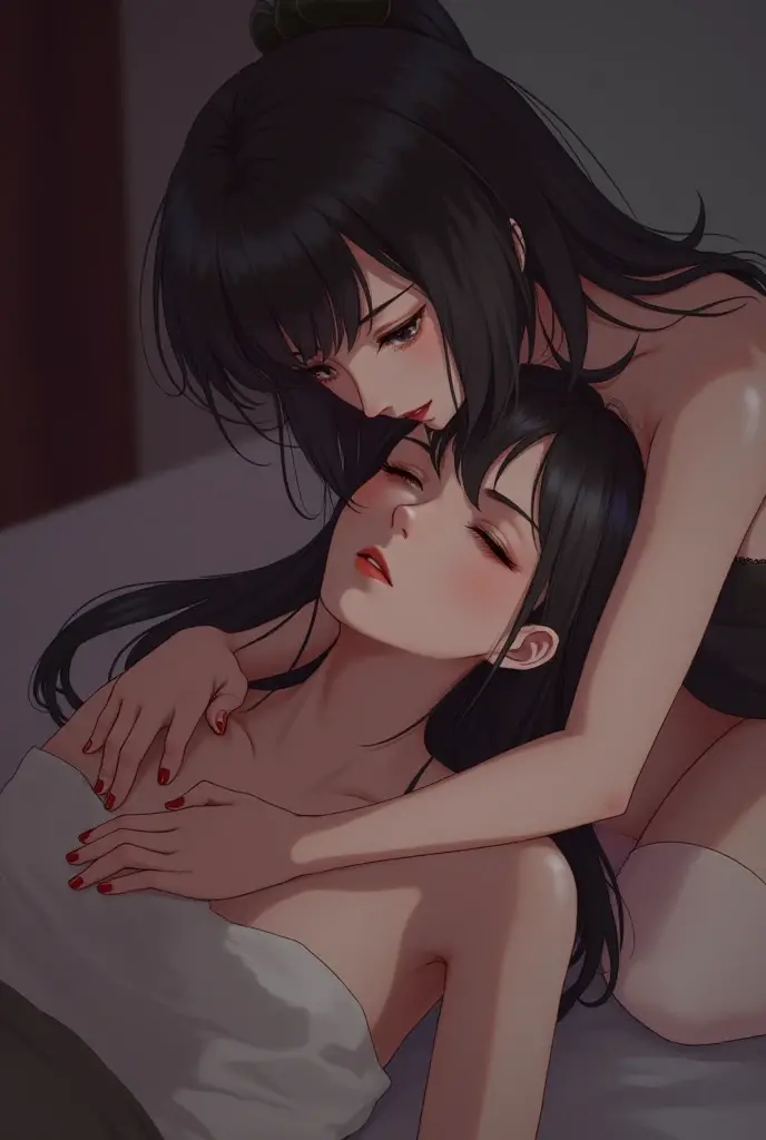 a woman with black hair sitting on a bed, seductive anime girl, beautiful alluring anime woman, gothic maiden anime girl, beautiful anime woman, black haired goddess, female anime character, anime woman, big breast, mouth opened up wide, naked, nipples, pussy, vagina, female sucking on a penis, female giving a blowjob, female licking a penis, closeup, hands on penis while giving blowjob, using hands, red eyes