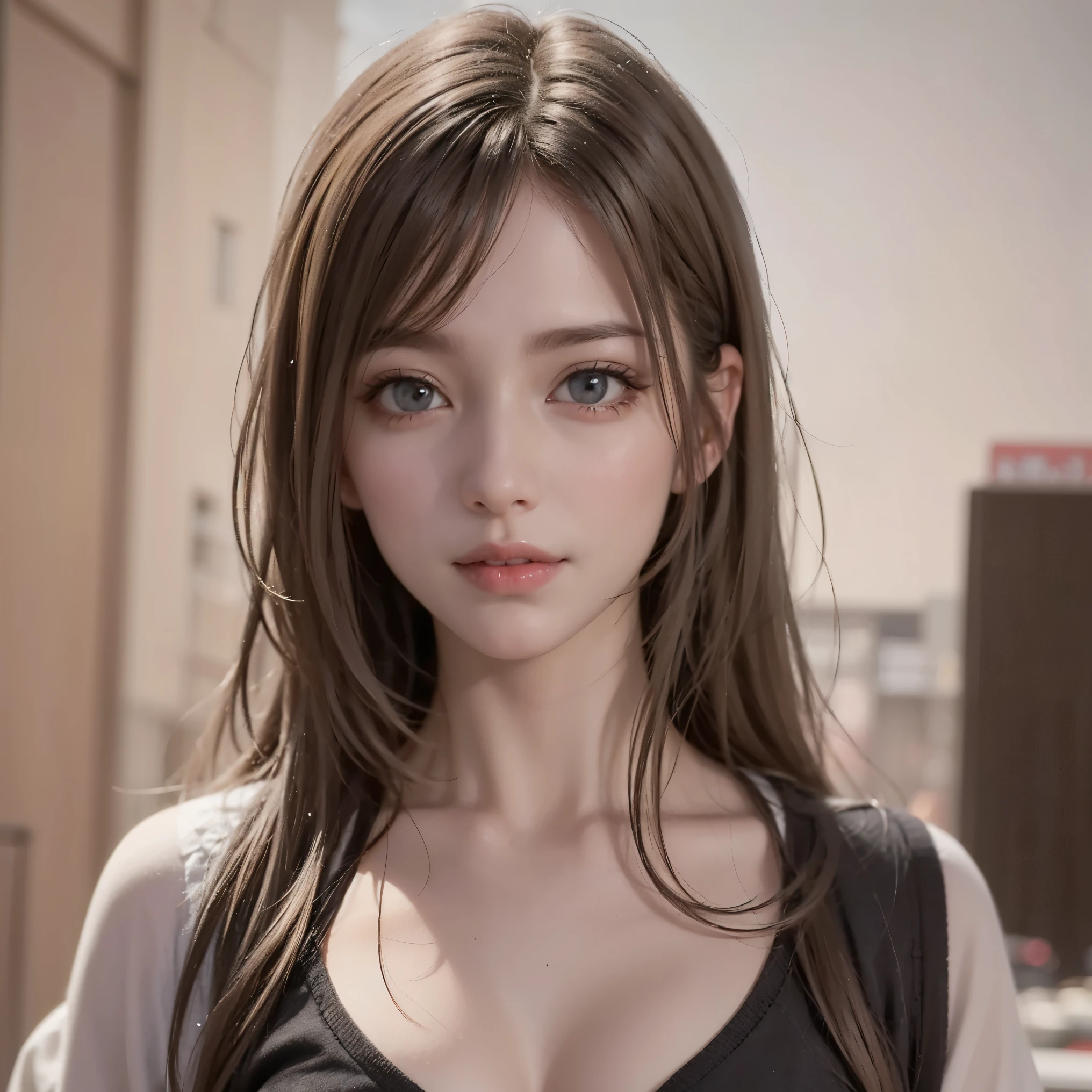 8K, of the highest quality, masutepiece:1.2), (Realistic, Photorealsitic:1.37), of the highest quality, masutepiece, Beautiful young woman, Pensive expression,、A charming、and an inviting look, Oversized knitwear、cleavage of the breast, Hair tied back, Cinematic background, Light skin tone