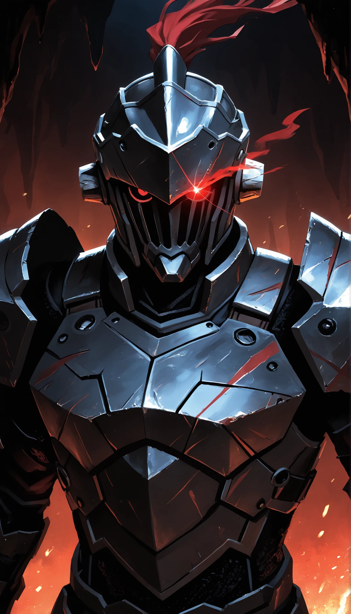 1 number,iron armor, bright red eye ,dramatic lighting,in a dark cave