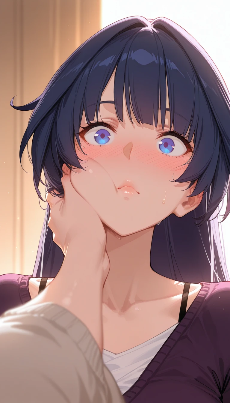 (White background:1.2),masterpiece,1girl,18yo, beautiful girl,BREAK,(blush,open mouth,Beautiful blue hair,Blue Eyes:1.5),