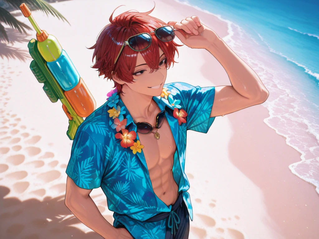 masterpiece, best quality, high quality, extremely detailed, (1 male handsome age 20 years old solo one: 1.5), (short short hair up to neck, bangs up to eyes: 1.5), (hair color brown), (eyes yellow green: 1.3), 8 head tall, slender Nose, Expression Muscles, Throat, (Pectoral and Rectus Abdominis: 1.3), (Hibiscus Print in Boxer Sea Water Pants: 1.3), (Smile: 1.3), (Playing Underwater: 1.3), (dynamic pose), (Background tropical sea: 1.3), ( blue sky: 1.3), (upper body:1.3), (upper body:1.3)
