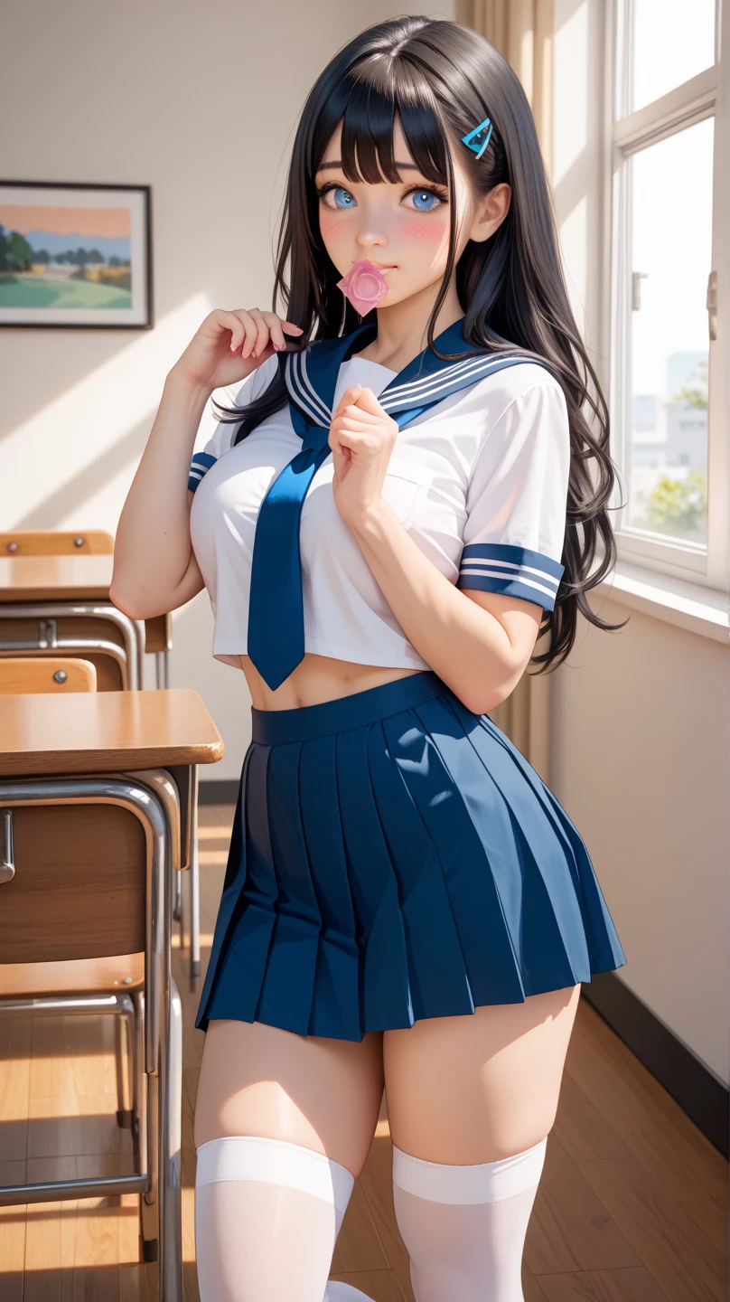 最high quality、high quality、Best image quality、8k、最High resolution、High resolution、最high quality、masterpiece、Detailed and realistic human body、Dense and realistic skin、Realistic face in every detail、Realistic eyes down to the details、Realistic lips in every detail、Realistic teeth in every detail、Detailed and realistic ears、Detailed and realistic hair、Detailed and realistic arms、Realistic reproduction of every detail、Realistic fingers in every detail、(Beautiful Hands、thumb1reference4)、Realistic feet down to the last detail、(Beautiful Japanese Girl))、(Japanese Model), (Japanese women)、((18 year old beautiful girl))、(Black Hair)、(Random Hairstyles)、(sexy look)、((whole body))、((Beautiful upward-facing breasts))、(slim style)、(whole body光沢肌、Fair skin))、(Soft lighting)、(Sailor suit)、(Sailor Skirt)、(Please wear sneakers)、high school girl、((Sheer Mesh(クロップトップSailor suitを着用、ミニSailor Skirtを履く))、(In the school classroom(Poses to make your thighs look beautiful))、((Skirt flip(Lift your skirt and show your panties))、Close-up from below