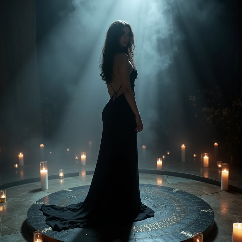 a woman in a black dress standing in a doorway with candles, cinematic goddess shot, salma hayek as a sorceress, cinematic goddess body shot, mahira khan as a mage, cinematic goddess close shot, mahira khan as a d&d wizard, anya taylor - joy vampire queen, still from a fantasy movie, gal gadot as hell lord