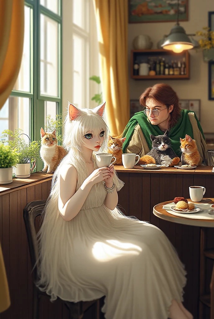 Anthropomorphic cat in clothes drinking coffee at sunset in Paris, cute fluffy cat, contrasting lighting, the atmosphere of Paris, a cozy café, a fabulous atmosphere, like an illustration for a children's fairy tale, a lot of details, careful detailing, ultra detailing, the atmosphere of a good fairy tale, muted colors, like a drawing from a book