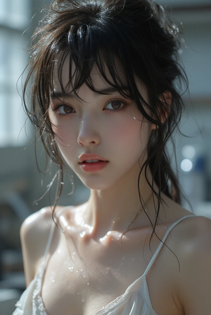 masterpiece,best quality,((small girl,torn clothes)),brown eyes, (((show off nipple))),Sweaty skin,((wet hair,BLACK hair,Cafe staff uniform,bare breasts)),((small breasts)),(((cum on body,cum,cum on hair,cum on face))),medium hair,earrings, necklace,sweat,in prison