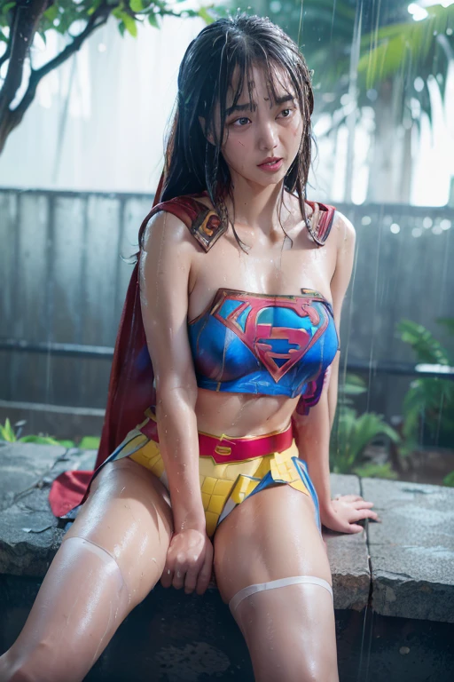 masterpiece、Supergirl Costume、short hair、barefoot、Big and ample breasts、Crisis situation、Complete surrender、Mud stains、ruins、Abused、Kneel、Sweaty、Shiny、looking at the camera、Dripping sewage、choker、Long sleeve、Sexy poses to seduce、Poor environment、Humiliating、Off the shoulder、latex、
