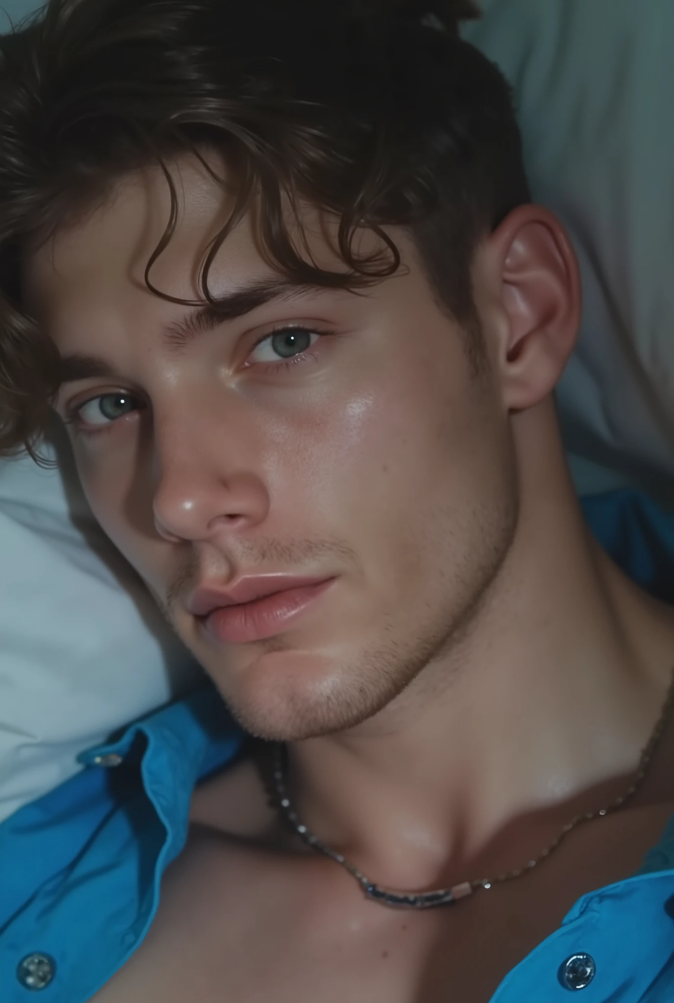 score_9, score_8_up, score_7_up, very aesthetic,1man,side of frame,side angle,1boy,18 years old,handome,muscular,cute,handsome pretty face, rosy cheeks,naked, perfect chest,perfect nipples, beautiful, detailed eyes, laying on bed with head tilted to side,deepthroat, looking at viewer, irrumatio,balls deep,drool,bedroom, RAW photo, photorealistic, film grain, candid camera, color graded cinematic, eye catchlights, macro shot, skin pores, imperfections, natural, OverallDetailXL, RBW-XL, zPDXL2, unique angle, gay, homoerotic, S0kka, sokka, blue eyes, brown hair, topknot, undercut, puka shell choker, abs, blue shirt, open shirt, muscular, armpit hair,
