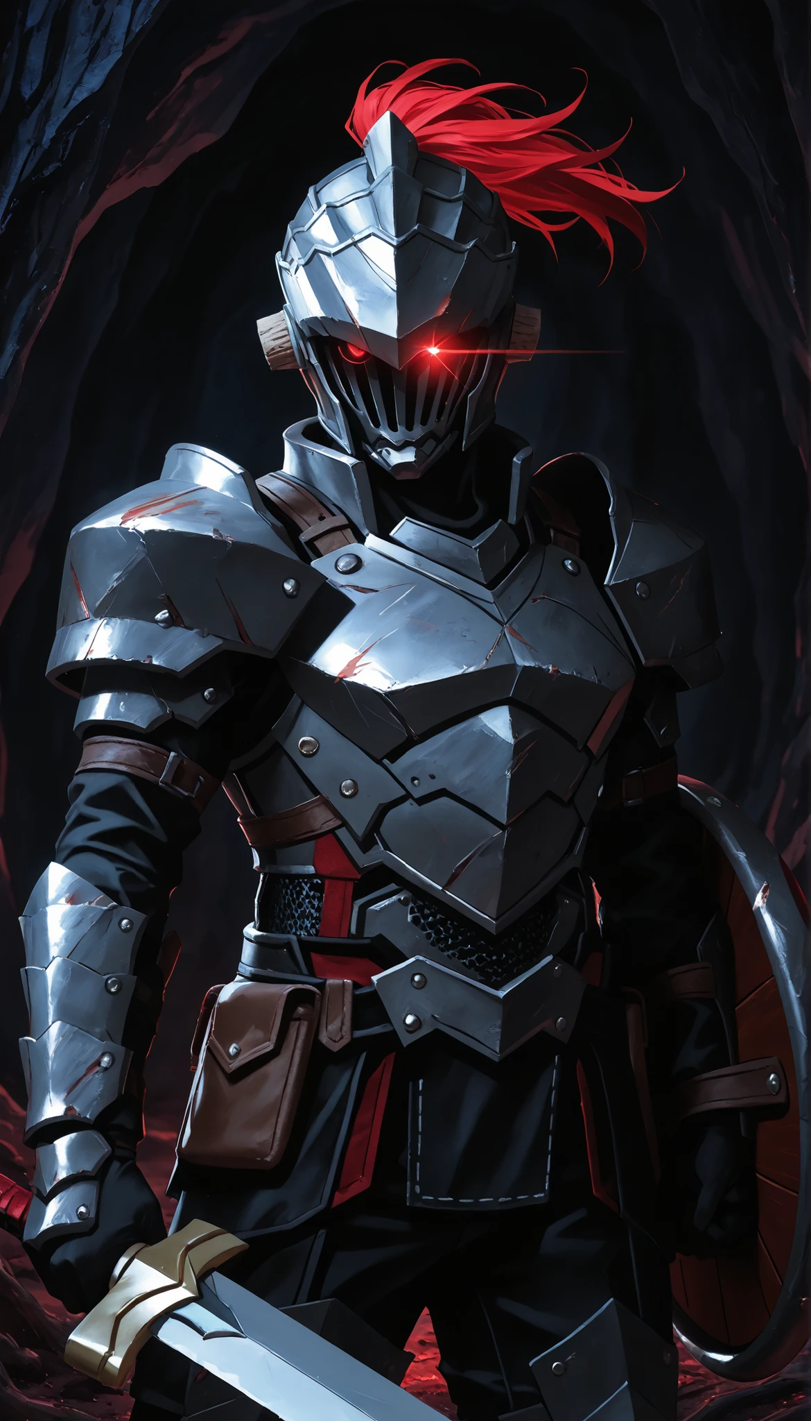 1 number,iron armor, bright red eye ,dramatic lighting,in a dark cave,sword,small round shield, close