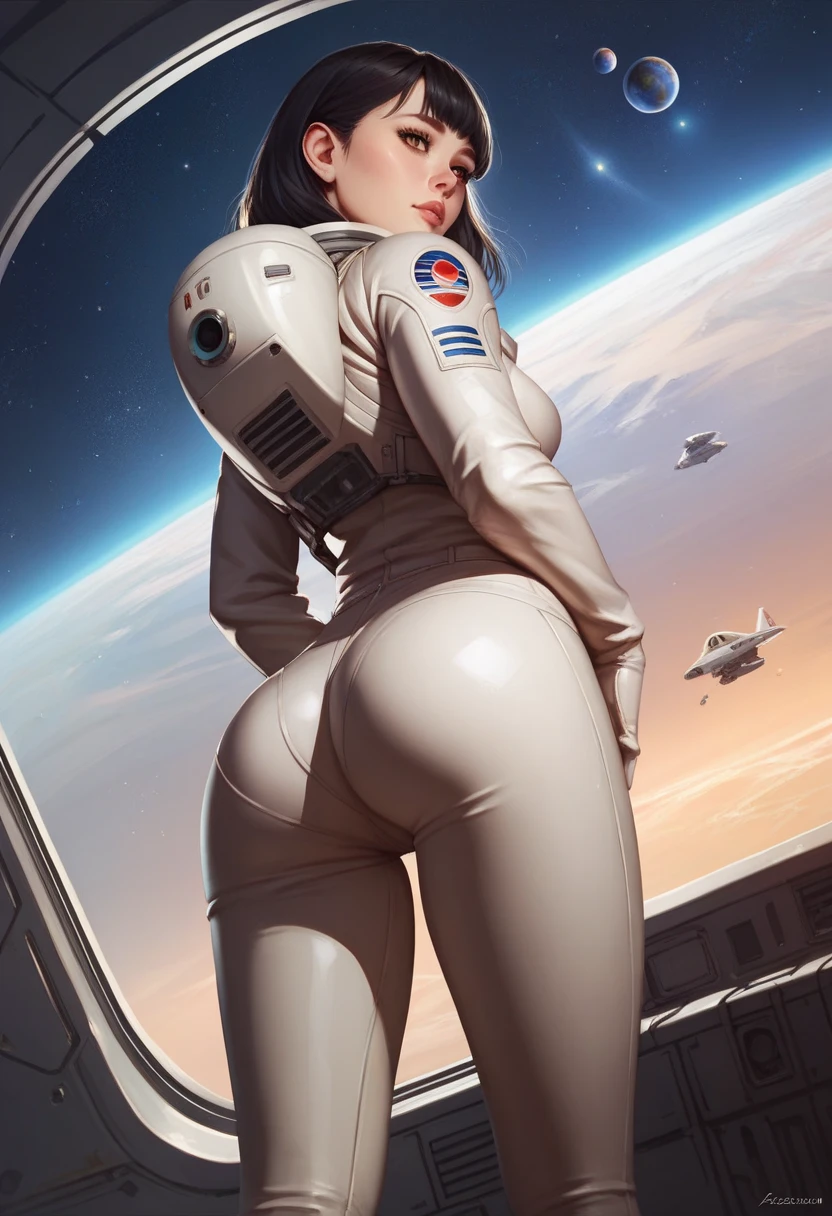 1girl, Female astronaut floating in space looking at planet earth, full body astronaut suit, head to toe, ass view, round ass, tight buttcheeks, firm buttcheeks, sluty