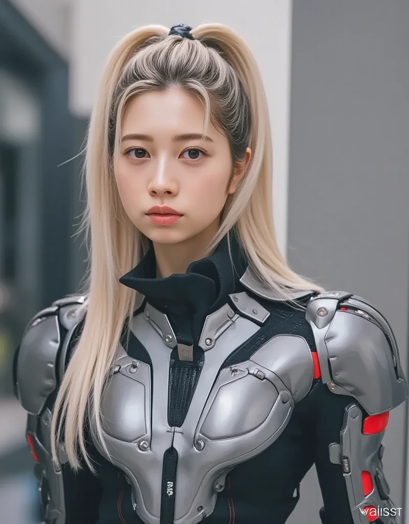 ((Best quality, 8K, Masterpiece:1.3, 1 girl, Beautiful girl)), Cute, Dynamism, Detailed face, Detailed skin, Detailed eyes, Detailed lips, Detailed fingers, Detailed mouth, Photorealistic, Raw photo, Natural lighting, dynamic pose, perfect anatomy, short stature, toned legs, round buttocks, round eyes, double eyelid, moist lips, ((kaiju8)), (bodysuit, armor, cybernetic spine), in detailed market stall, looking at viewer, multi colored hair, long hair, ponytail, headgear, white hair