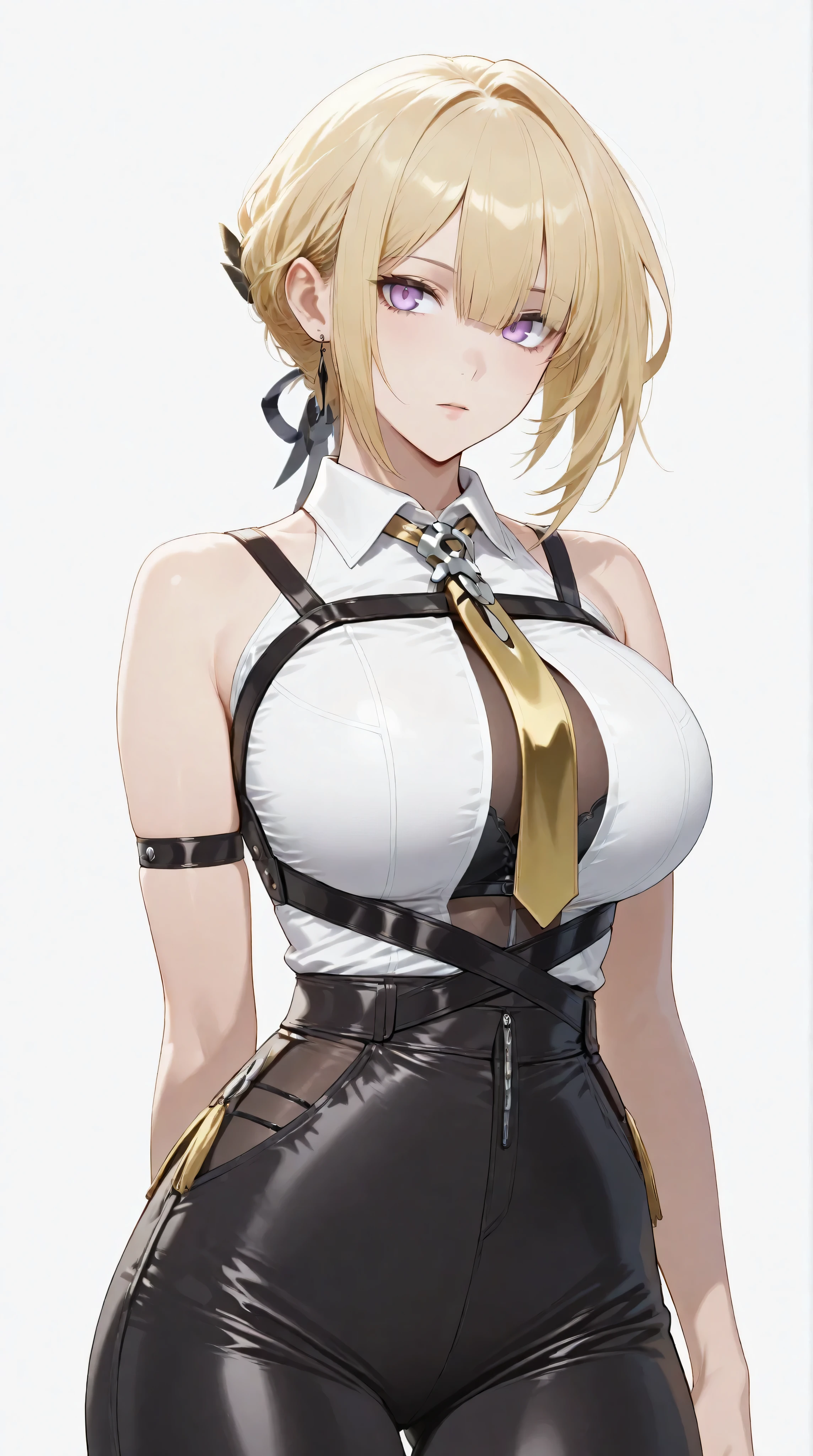 masterpiece, extremely detailed,perfect skin texture,4k,solo,1girl ,evelyn chevalier,full body,
purple eyes, blonde hair, short hair
collared shirt, white shirt, bare shoulders, yellow jewelry, yellow necktie, high-waist pants, arm strap, chest harness,mature,sexy legs,perfect body,large breasts,high detailed, best quality, upper body, photography,cowboy shot,((white plain background))