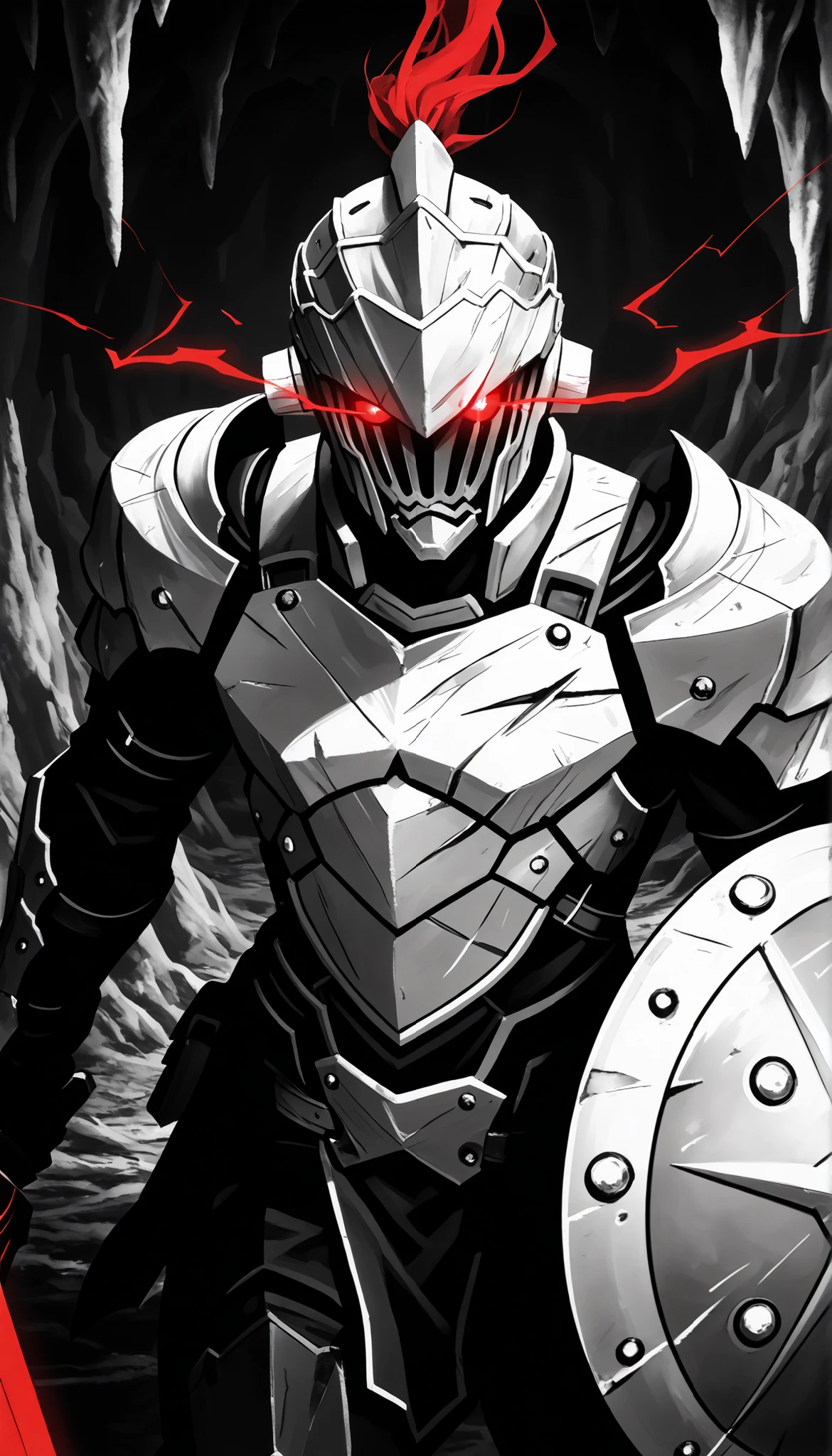 1 number,iron armor, bright red eye ,dramatic lighting,in a dark cave,sword,small round shield, close, monochrome,grayscale,red eyes on the background,messy line art