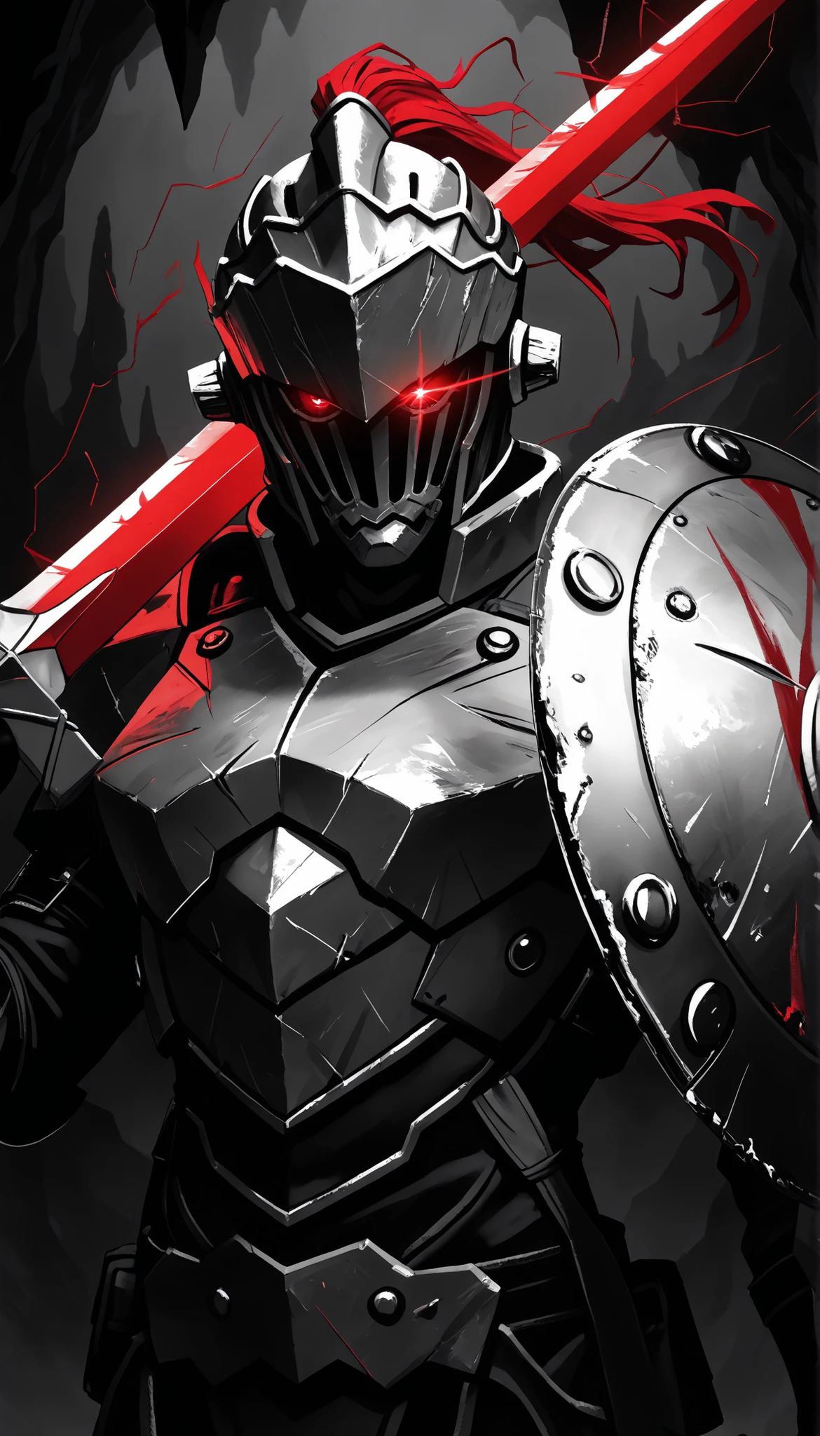 1 number,iron armor, bright red eye ,dramatic lighting,in a dark cave,sword,small round shield, close, monochrome,grayscale,red eyes on the background,messy line art