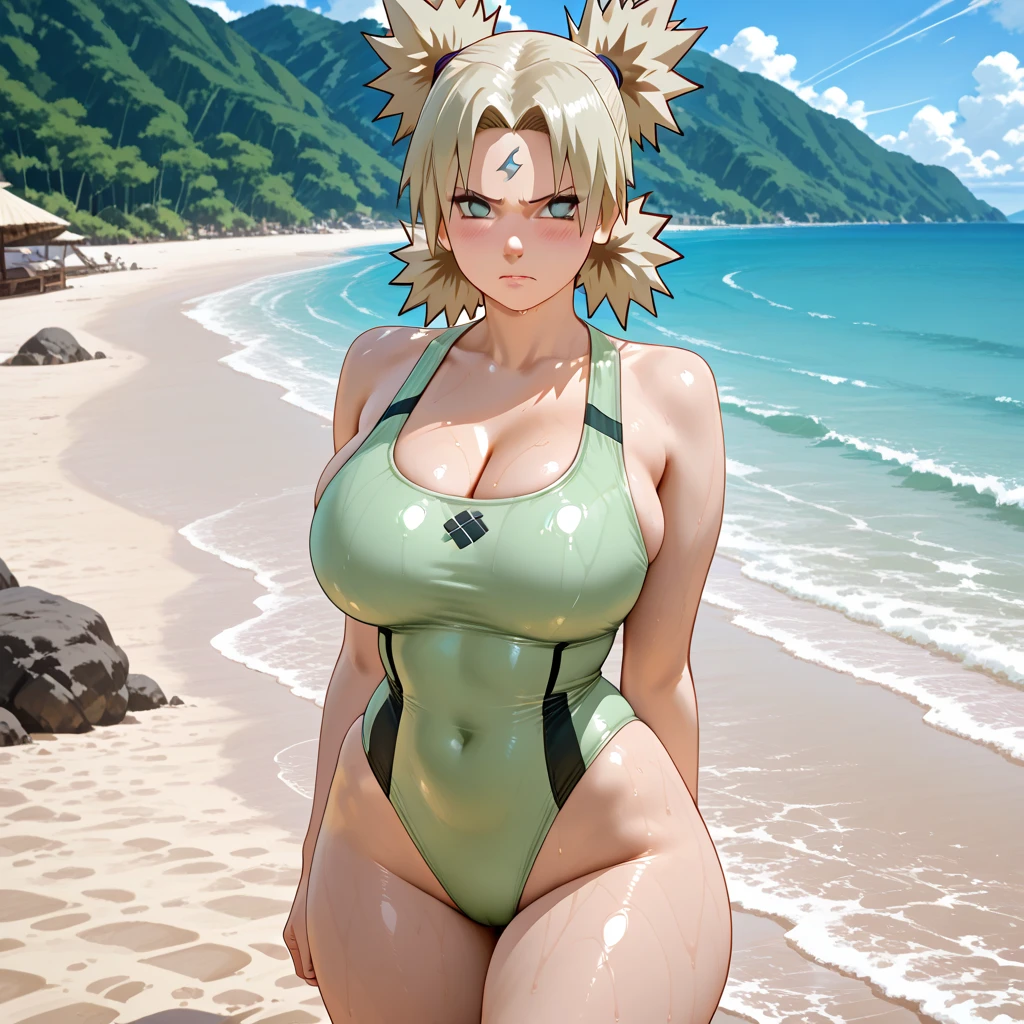 (((masterpiece、Highest image quality、highest quality、highly detailed unity 8kwallpaper)))、((Illustration of one girl))、(((beautiful girl)))、((blonde、short hair、two side up、sidelocks、green eyes))、(((tall、stocky build, thickset physique:1.3, muscular legs, broad shoulders, solid chest)))、swimsuit、sandy beach