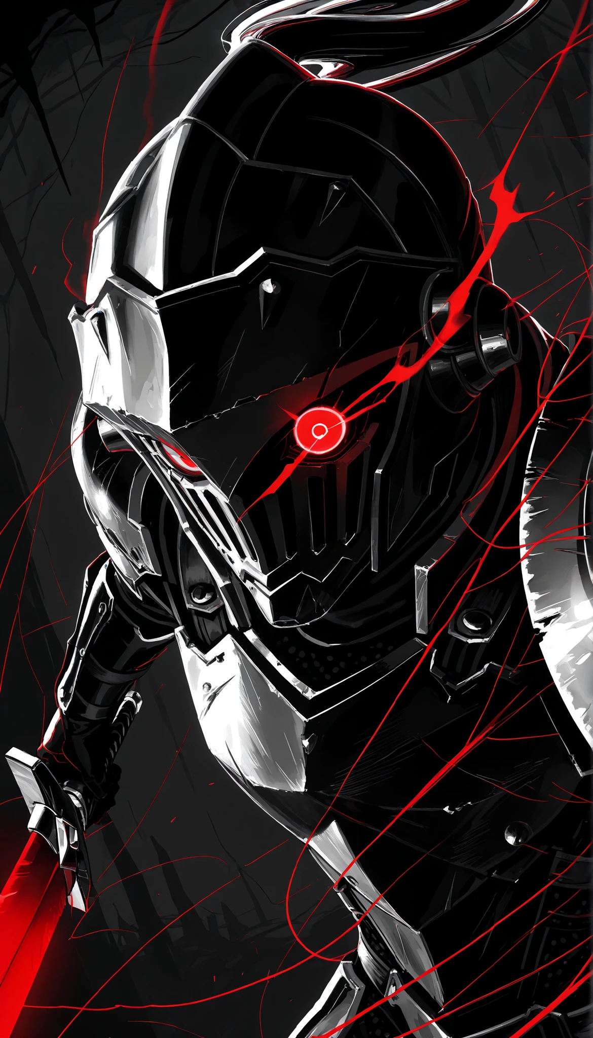 1 number,iron armor, bright red eye ,dramatic lighting,in a dark cave,sword,small round shield, close, monochrome,grayscale,red eyes on the background,messy line art
