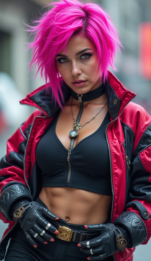 Photo of unaware female wearing sexy rave party outfit, feathered jacket, pink hair, wide eye, party lights, indoor, high saturation, soft focus, hyper details, cinematic lighting, concept art