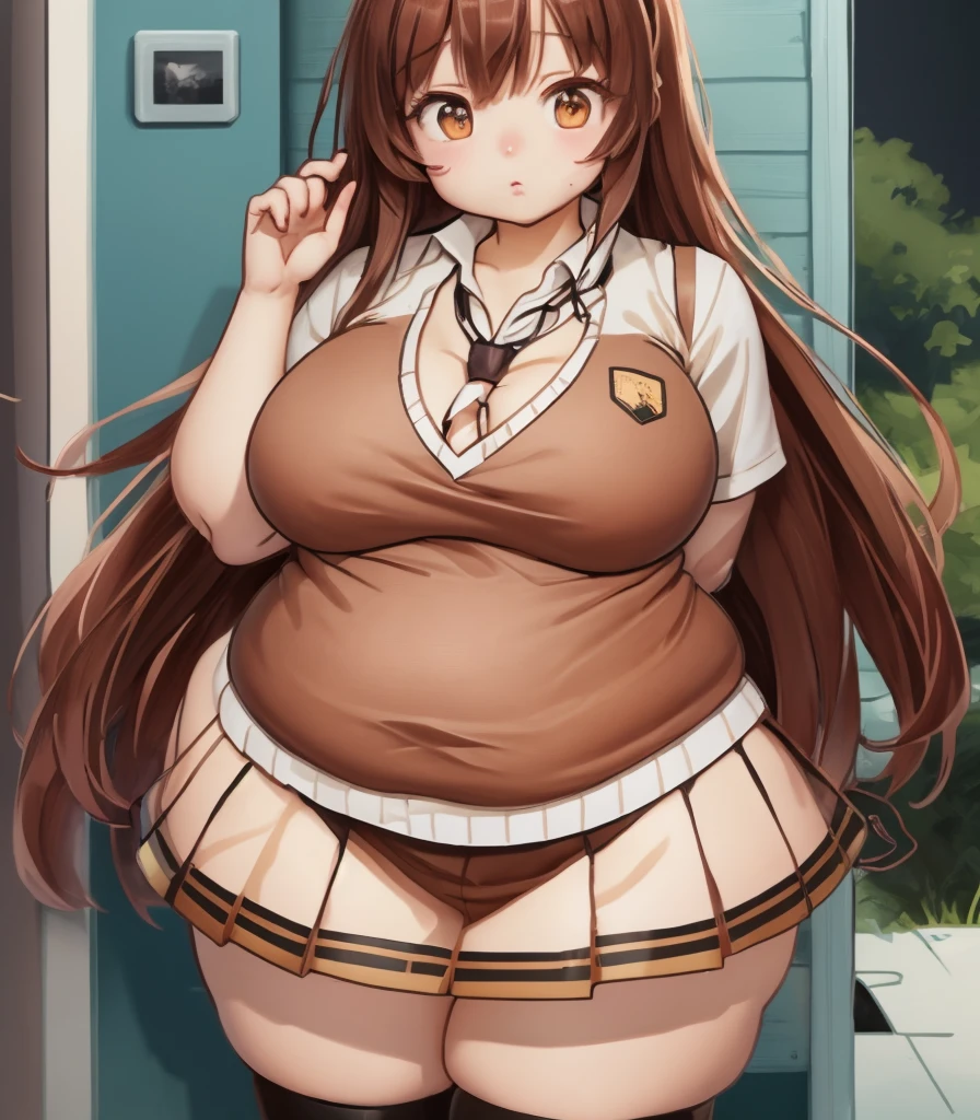 (((High quality))), 1girl, solo, large breasts, thick thighs, chubby belly, smile, brown hair, brown eyes, black top, black skirt, hand on belly