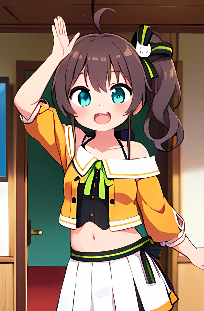 1girl ,Natsuiro matsuri ,side ponytail,smile ,open mouth,in heat ,going home ,arm raised in the air,in the house ,entrance ,cowboy shot,(face focus ),