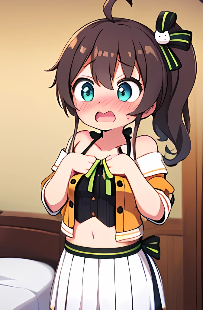 1girl ,Natsuiro matsuri ,side ponytail,surprised ,in heat ,embarrassed ,in the house ,bedroom ,cowboy shot,(face focus ),