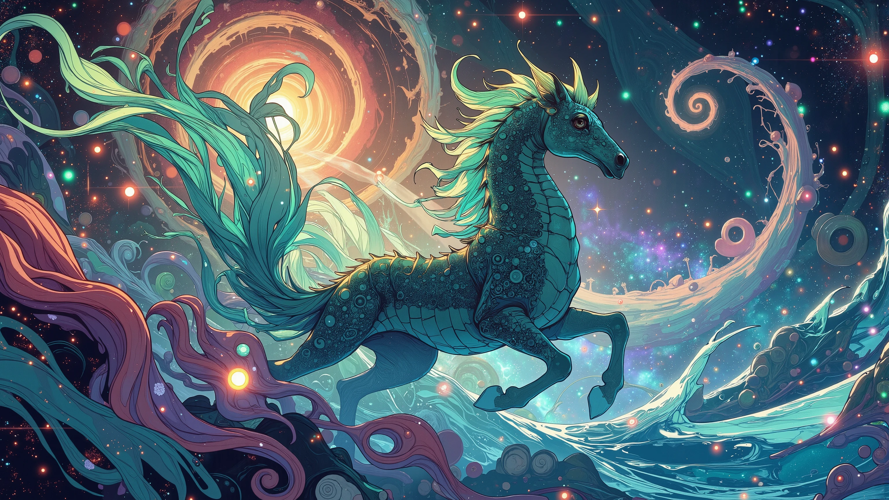 A mesmerizing, high-definition visual masterpiece depicts a seahorse-like entity galloping through the cosmos on a trail of twinkling stars. Against a vibrant backdrop of swirling spiral galaxies and fractal rectangles, this psychedelic space scene bursts with color and energy. The seahorse's path warps space in undulating waves of imagination, as if reality is being reshaped by its very presence. UHD, HDR, 16K resolution captures every intricate detail, making this a true award-winning work of art.