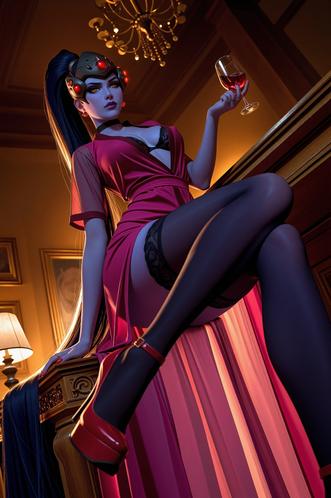 (((solo, femboy, feminine male, otoko no ko, trap))), narrow waist, girly, thin toned body, wide hips, thick lips, lipstick, thick thighs, absurdres highres detailed body, jewelry, seductive smile, makeup, naughty, detailed eyes, high detail brushwork, high quality full shot, (best quality detailed face, 16k, masterpiece), villain, hyper realistic, long hair, heels