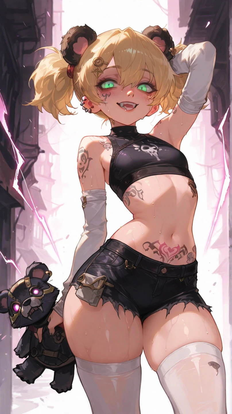 ((best quality)), ((highly detailed)), extremely detailed face, beautiful face, , (1girl), dutch_angle, dynamic pose, upper body, ((<lora:Fishnet:.6>, fishnets, fishnet pantyhose)), tan tomboy, short hair, ((tan skin)), tanlines, athletic, abs, grin, crop top, gym shorts, sneakers, (indoors, at a cabin), <lora:Dark_Fantasy:1>, Dark Fantasy