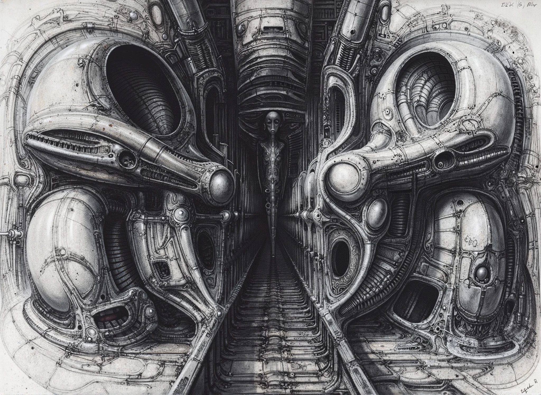 Create a biomechanical surrealist composition in the style of H.R. Giger, emphasizing an intimate, enclosed environment constructed from a dense, interlocking matrix of sinewy tubes, hydraulic pistons, and organic armor-like forms. The composition should follow a horizontal, womb-like curvature, drawing the viewer's gaze into the center where a stylized humanoid figure—feminine and serene—is embedded and partially fused into the surrounding machinery. Her face should be smooth, doll-like, and expressionless, emerging from a coil of dark, flexible conduit, with her body either incomplete or replaced by amorphous, ovular biomech structures.
The structural layout must be closed and compact, with every form interdependent and overlapping: large crescent-like forms embracing spherical and pod-like volumes, smaller pipework coiling into and emerging from larger vertebrae- or muscle-like shapes. Visual rhythm is created by alternating convex and concave forms, mimicking anatomy—tendons, bones, and soft tissue—integrated with mechanical components like couplings, ducts, and industrial plating.
Lighting should be minimal and dramatic, with diffuse overhead shadows and luminous uplighting reflecting softly off pearlescent, metallic surfaces—creating contrast between slick, polished tubes and matte, textured zones. Surfaces must exhibit wear: micro-pitting, scratches, and oil stains, evoking a lived-in, post-organic dystopia. The artistic style is hyper-realistic in detailing, but deeply surreal in essence—melding flesh with machine in a claustrophobic harmony. All elements should feel gestated in the same biomechanical womb, part erotic, part industrial, and deeply uncanny.
, (Proportion:1.1), , (Reflected light:1.2), Parchment, ultra detailed, intricate,, dry b (best quality:1.4), H.R. GIGER, BY GIGER