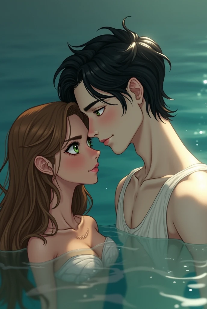 A couple bathing in a large river together, half the body submerged; the woman is Lily Collins with black curly hair, simple medieval white dress; and the man is Neels Visser blond-haired, shirtless; The two are swimming together in a river with waterfall and water is crystal clear, has a forest around, the image is extraordinary and very detailed.