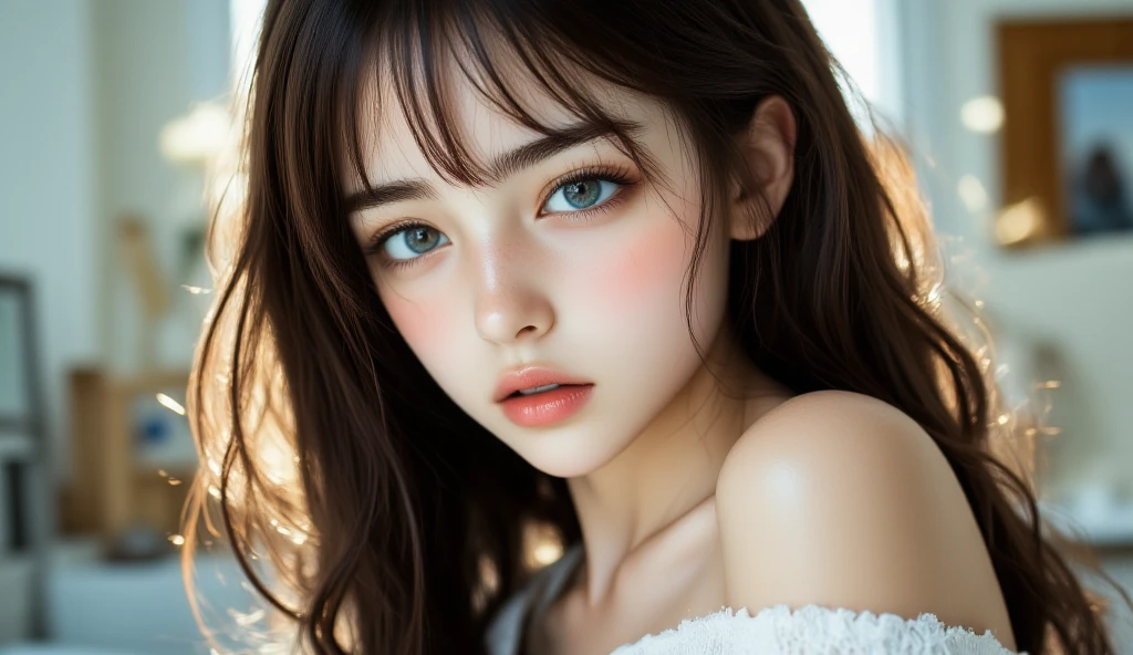 portrait photo of a beautiful European girl,huge blue eyes, thick fluffy eyelashes,Close-up