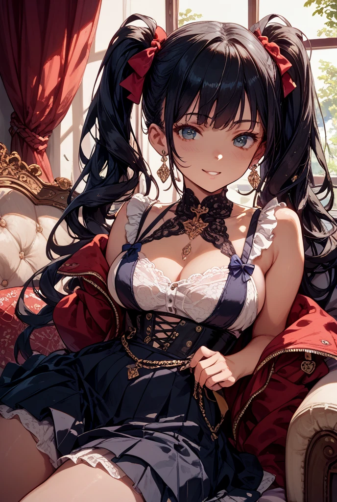 top quality、Top image quality、masterpiece、girl ((Over 20 years old、Mid-bust、More mature、obsessed、tempting pose、Long flowing black hair、graph、charming figure、Grand canyon、light blue eyes、Modern casual clothing with certain classical elements、Very eye-catching necklace、Chest design、ideal girlfriend for love,恶魔girl、elegant gesture、Long leather boots、Sculpture))high quality、beautiful art、background with((fantasy palace scene))、visual art、depth of field、Diamonds adorn clothes、Full body female love、tempting pose、Sexual innuendo、sexual teasing、lace、Transparent skirt、fluttering skirt