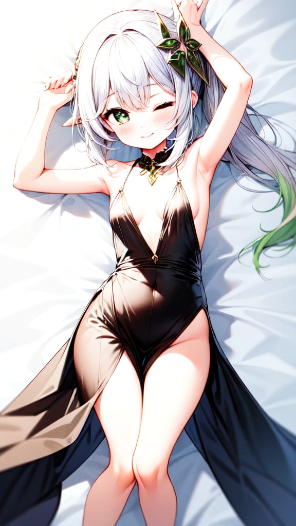 Beautiful girl,white color hair,green-eyed,white stockings,saintess,smallunderboob,Gorgeous green dress,revealing the lower abdomen,Open your legs,Lori huge breasts cleavage,4K Ultra Clear,slendernesrontage,Lie down in bed,high-heels,detail-rich,delicated