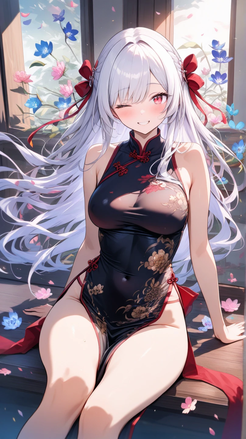 1girl, (((dark skin))), facing forward towards viewer, huge breasts, ((nipples)), ((qipao clothing)), light facial blush, (pastel colors:1.5), (thighs to head in view), ((exposed breasts)), unblemished, ((chest facing towards viewer)), ((sweet nipples)), ((succulent nipples)), aroused nipples