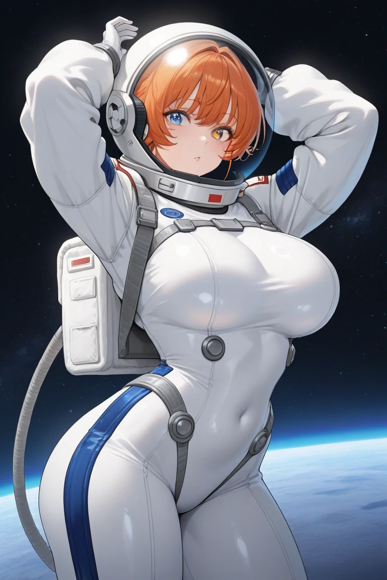 Girl with huge breasts with huge cleavage and a Cyberpunk style astronaut suit with a helmet in space 
