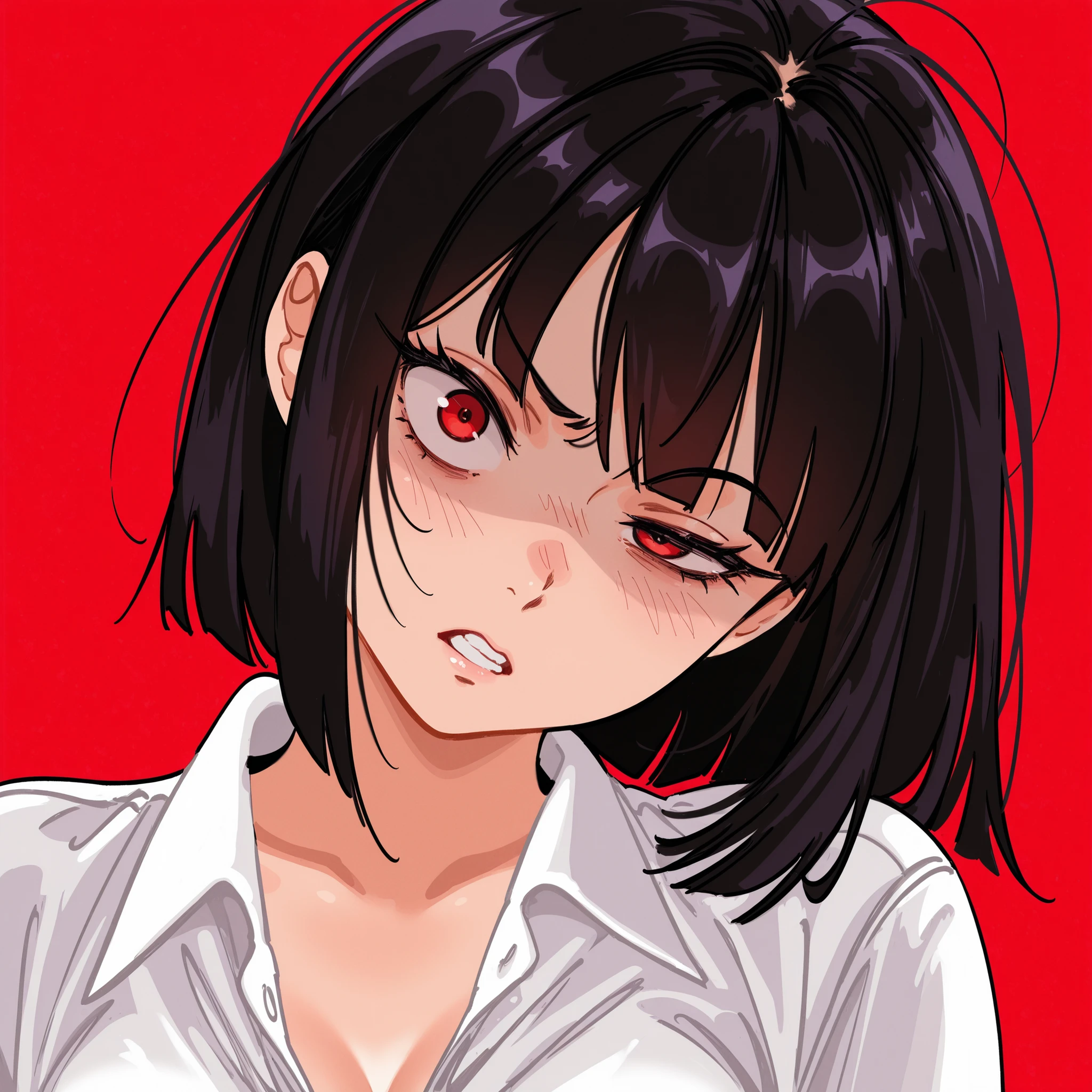 by snegovski, 1girl, solo, ryoshu (project moon), black hair, messy hair, red eyes, sanpaku, eyelashes, white shirt, dress shirt, portrait, head tilt, disgust, raised eyebrow, uneven eyes, teeth, red background, masterpiece, best quality, amazing quality